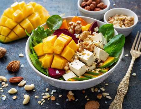 Healthy mango salad with feta cheese, walnuts and fresh spinachの素材