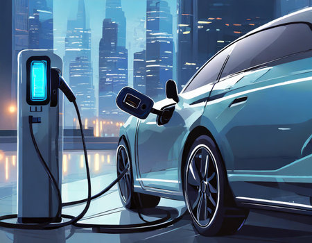 Electric car charging station in the city. 3D rendering image.の素材