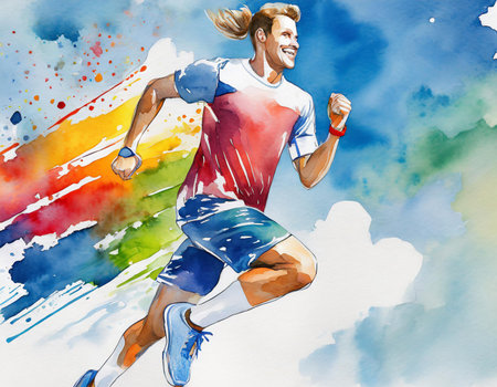 Running man. Watercolor illustration of a male athlete running in the sky.の素材