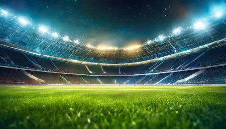 Soccer stadium at night with lights and flashes 3D rendering.の素材