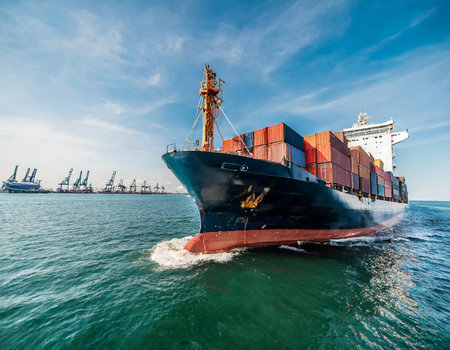 Container Cargo freight ship with working crane bridge in sea for Logistic Import Export backgroundの素材