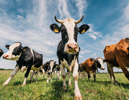 Herd of cows grazing on a green meadow in summer.の素材