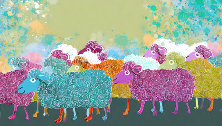 Flock of sheeps on grunge background. Vector illustration.の素材