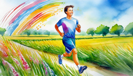 Running man. Watercolor illustration of a runner running in the field.の素材