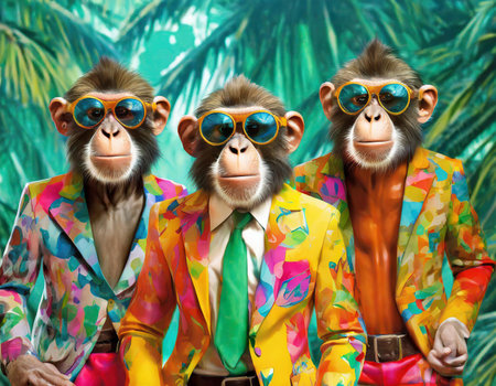 Group of monkeys in colorful clothes and sunglasses. Summer vacation concept.の素材