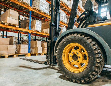 Forklift loader in warehouse cargo freight transportation and distribution warehouse.の素材
