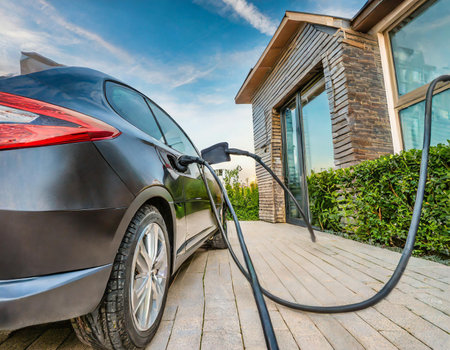 Electric car charging at the charger station in front of the house.の素材