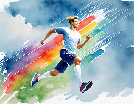 Watercolor illustration of a young man running on a rainbow background.の素材