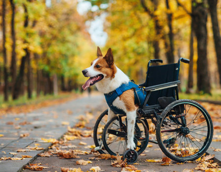 Portrait of a corgi dog in a wheelchair in the autumn parkの素材