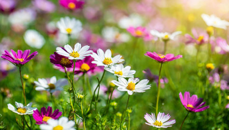 Colorful cosmos flowers blooming in the garden. Nature background.の素材
