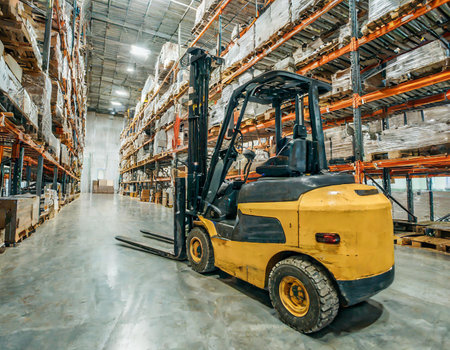 Forklift loader in warehouse. Distribution warehouse. Distribution warehouse.の素材