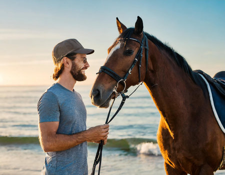 Portrait of a young man and a horse on the beach at sunsetの素材