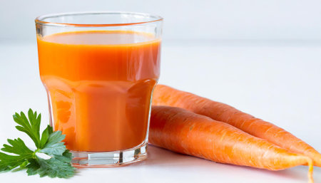 Carrot juice in a glass and fresh carrots on a white backgroundの素材