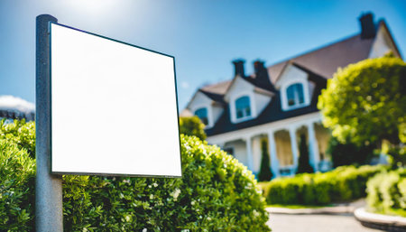 Blank billboard in front of a beautiful house. Mock up.の素材