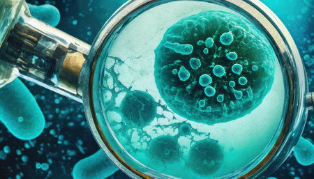 Virus in Petri dish. 3d rendering medical illustration.の素材