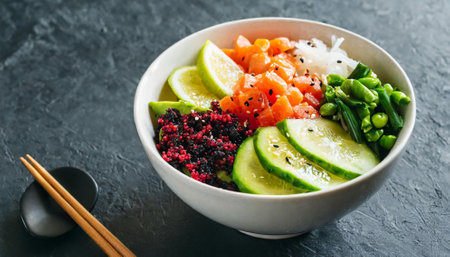 Hawaiian poke bowl with salmon, avocado, cucumber and sesame seedsの素材