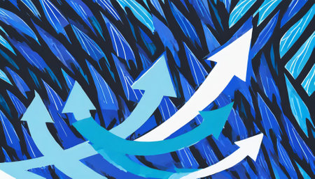 Highly rendering of blue arrows in abstract background. 3D illustration.の素材