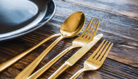 golden spoon, fork and plate on wooden table - vintage effect style picturesの素材