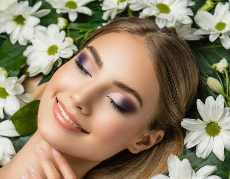 beautiful young woman lying on flowers with closed eyes, spa conceptの素材
