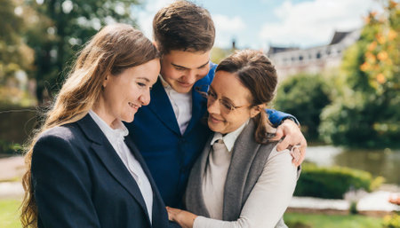 portrait of happy young couple hugging and looking at each other in parkの素材