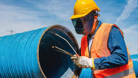 construction worker wearing safety helmet and safety glasses working on construction siteの素材