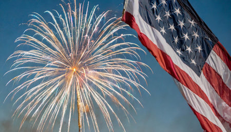 American flag with fireworks in honor of 4th of July Independence Dayの素材