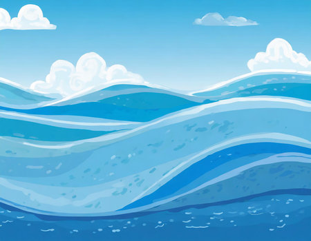 Sea wave background with blue sky and white clouds. Vector illustration.の素材