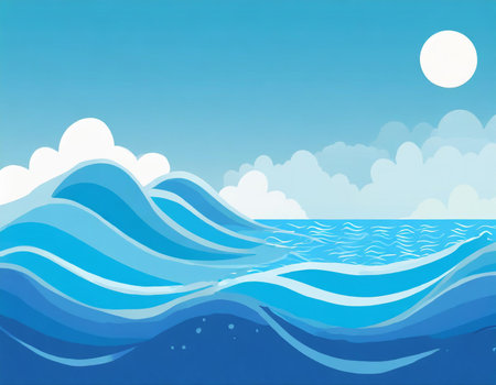 Blue sea background with waves and sun. Vector illustration for your designの素材