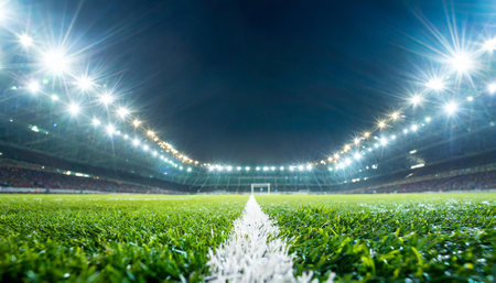 soccer or football field with green grass and spotlights at nightの素材