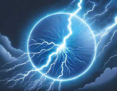 Blue lightning on dark stormy sky background. Vector illustration for your designの素材