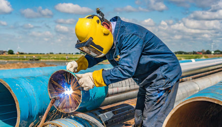 Welder at work on the construction site of a pipeline in the Netherlandsの素材
