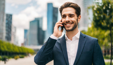 smiling young businessman talking on smartphone in front of modern business centerの素材