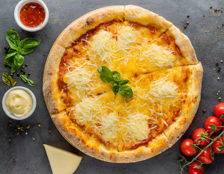 Pizza with mozzarella cheese, tomatoes and basil on black backgroundの素材