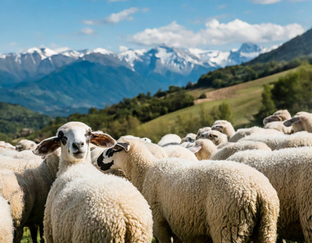Flock of sheep in the mountains with snow-capped mountains in the backgroundの素材