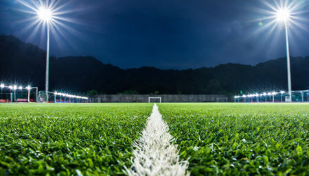 white line on green grass soccer field at night with blue sky backgroundの素材
