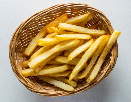 Golden French fries in a basket on a white background, top viewの素材
