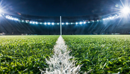 soccer or football field with green grass and spotlights at nightの素材