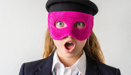 Portrait of a businesswoman wearing a pink mask on white backgroundの素材