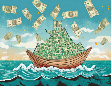 Illustration of a boat full of dollar bills floating in the seaの素材