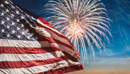 American flag and fireworks in honor of Independence Day (4th of July)の素材