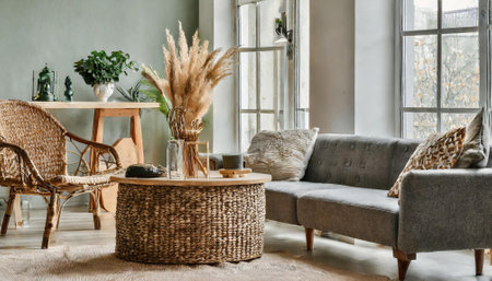interior of modern living room with wicker sofa and armchairの素材