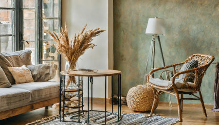 Interior of living room with wicker armchair and coffee tableの素材