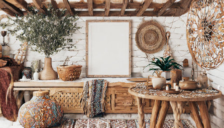 Interior of rustic living room with white walls, wooden floor, cozy armchairs, round table, rattan chairs and blank frame on wallの素材