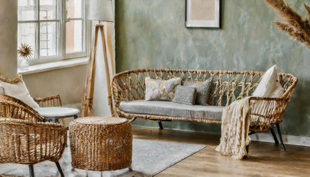Interior of a cozy living room with a wicker sofa, rattan chairs and a tableの素材