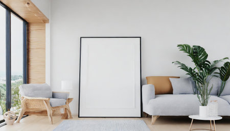 Interior of modern living room with white walls, wooden floor, comfortable gray sofa standing near round coffee table and horizontal mock up poster frame. 3d renderingの素材