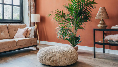 Living room interior design with sofa, plant, lamp and coffee tableの素材