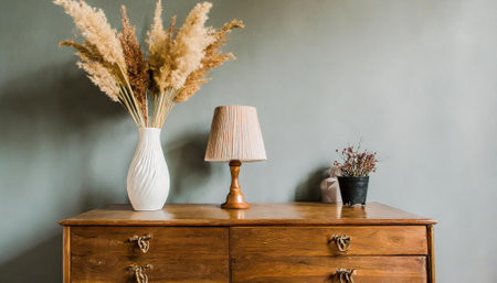 Vase with pampas grass on vintage chest of drawersの素材