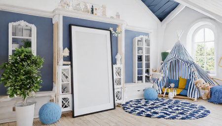 Interior of children's room with blue and white walls, blue wooden floor and white walls. 3d renderの素材