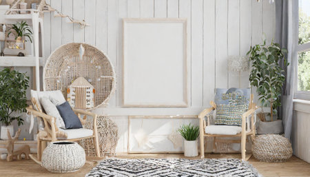 Interior of living room with wicker chair, armchair and wooden wallの素材