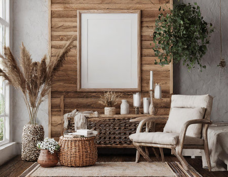 Interior of modern living room with wooden wall, 3d renderの素材